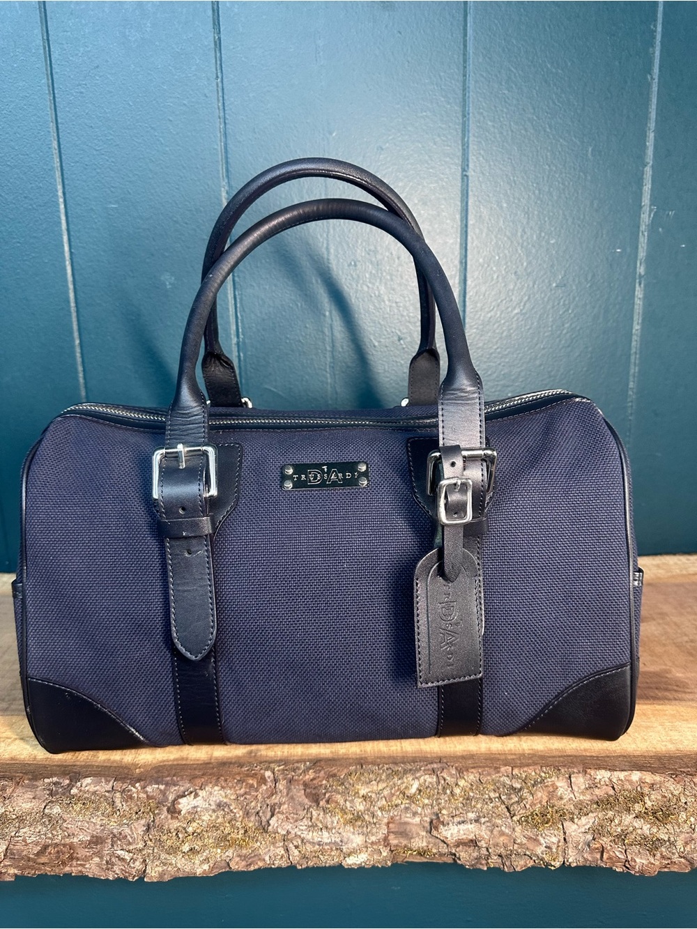 Tru Trussardi Navy Canvas & Black Leather Satchel